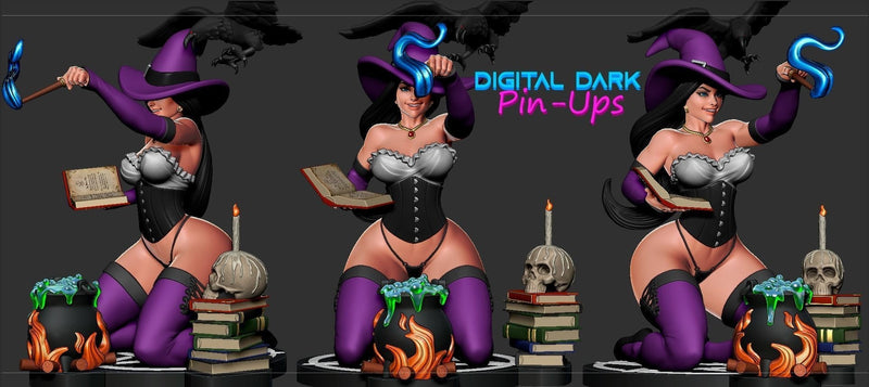 Kneeling Witch - Sexy Pin-Up Fan Art - 3D Printed Miniature Figure - 32mm / 75mm Scale - Garage Kit