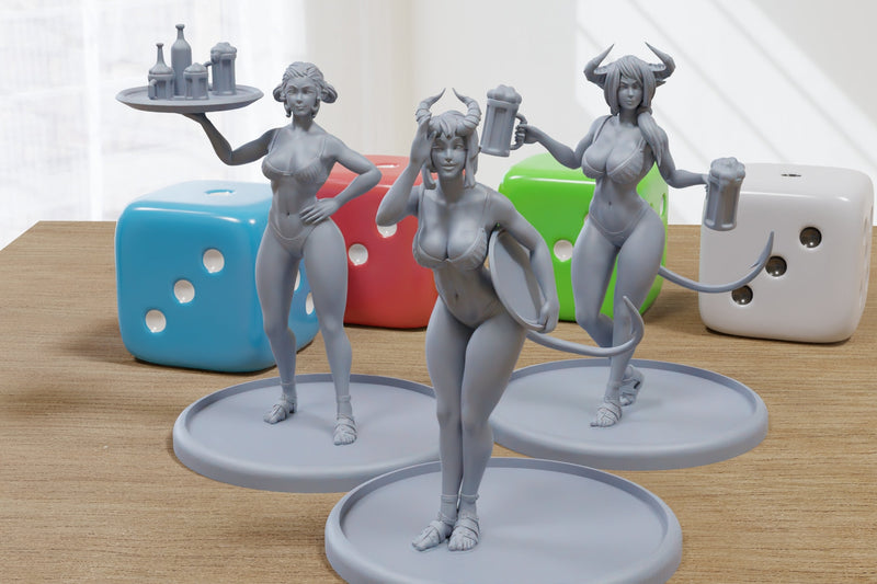 Tiefling Barmaids Sexy Pinup SFW/ NSFW 3D Printed Minifigures for Fantasy Miniature Tabletop Games DND, Frostgrave 28mm / 32mm / 75mm