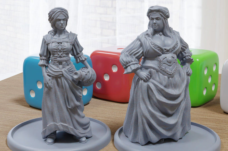 Tavern Females - Medieval Townsfolk / Villagers - 3D Printed Minifigures for Tabletop Role Playing Miniature Games 28mm / 32mm Scale