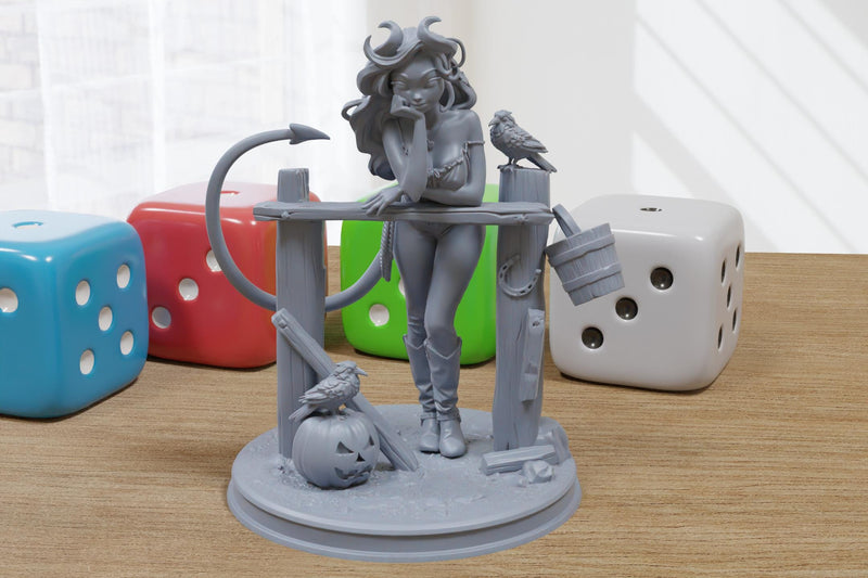 Nerissa Tiefling Sexy Pin-Up Fan Art - 3D Printed Minifigure for Fantasy Miniature Tabletop Games - 32mm & 75mm Scale