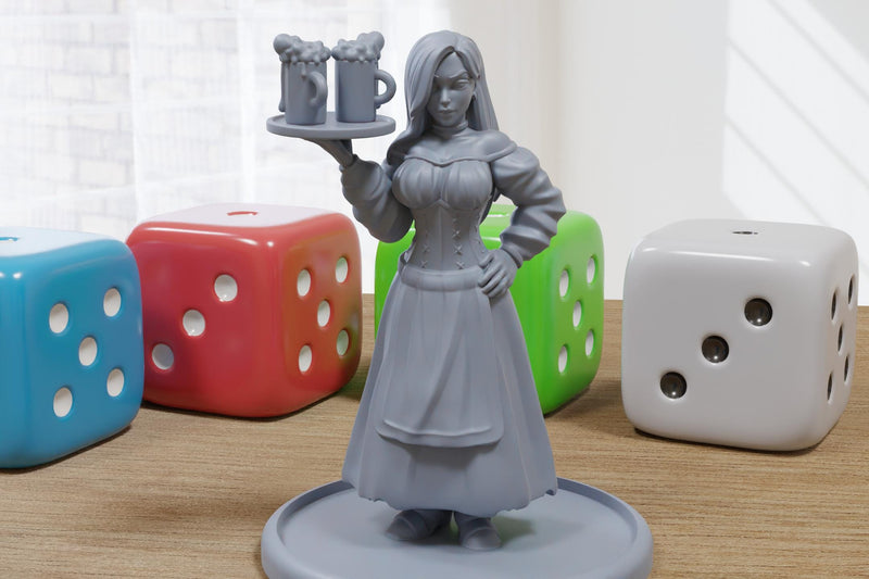 Villager Tavern Barmaid Medieval Townsfolk - 3D Printed Minifigures for Fantasy Miniature Tabletop Games DND, Frostgrave 28mm / 32mm