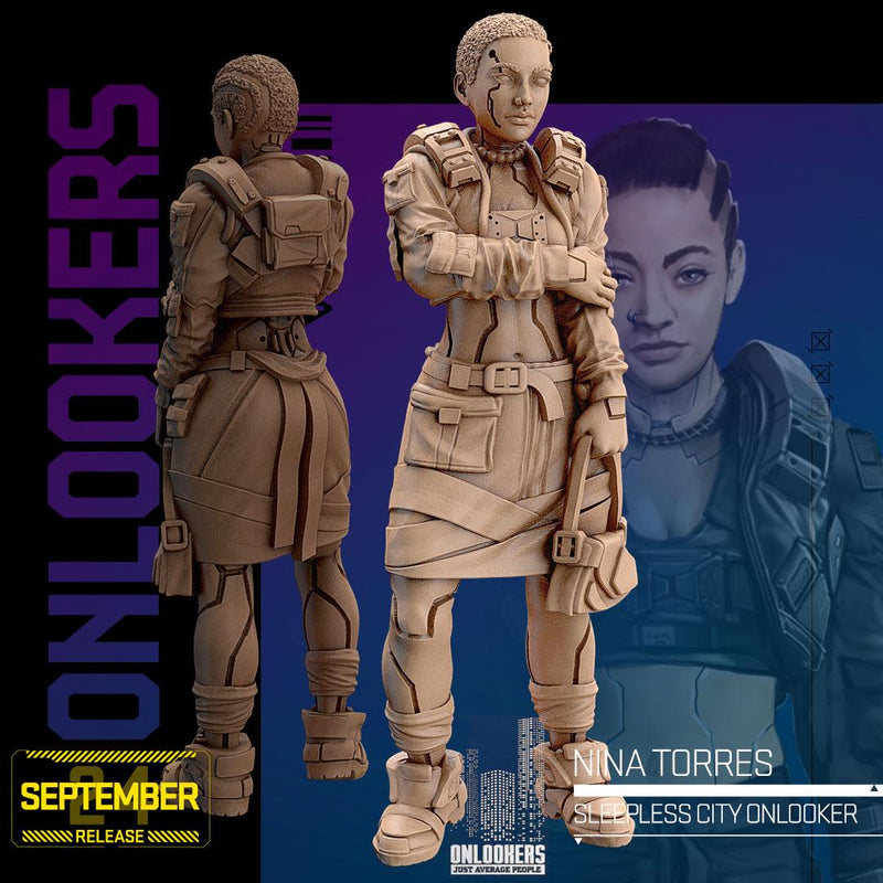 Nina Torres - 3D Printed Mini - Cyberpunk / Sci-Fi - Tabletop Miniature Wargaming - 28mm / 32mm Scale Minifigures