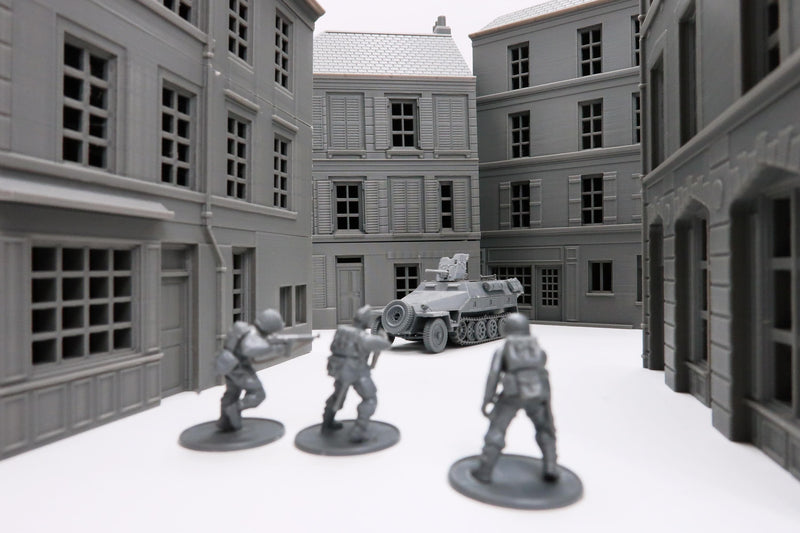 Caen Corner Buildings Set - WW2 Normandy Scenery - 3D Printed Miniature Wargaming Terrain 28mm / 20mm / 15mm Scale