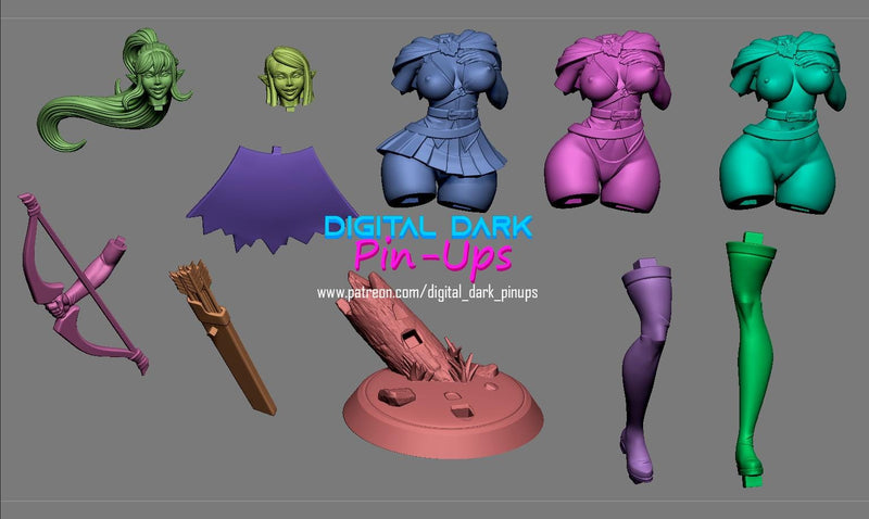 Elf Archer - Sexy Pin-Up Fan Art - 3D Printed Miniature Figure - 32mm / 75mm / 170mm Scale - Garage Kit