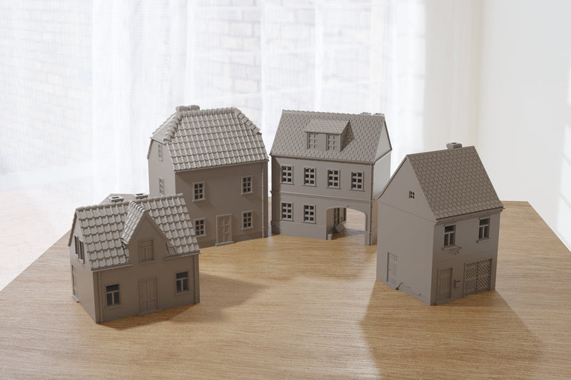 German Village Set of 4 Houses - Tabletop Wargaming Terrain - Miniature Gaming - 3D Printed