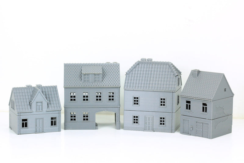 German Village Set of 4 Houses - Tabletop Wargaming Terrain - Miniature Gaming - 3D Printed