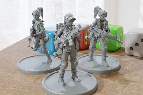 Sexy Girls Rifle Squad - Three - Modern Wargaming Miniatures for Tabletop RPG - 20mm / 28mm / 32mm Scale Minifigures