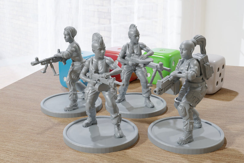 Punk Girls with Machine Guns - - 28mm/32mm Minifigures - Post Apocalyptic - Modern Wargaming Miniatures for Tabletop RPG