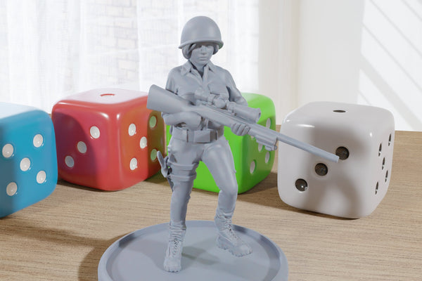 Sexy Sniper Girl - 3D Printed Minifigures - Modern Tabletop Miniature Wargaming 28mm / 32mm Scale