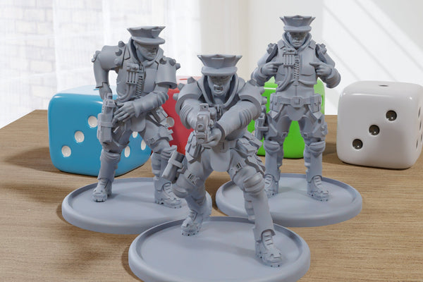 Cyber Police Officers - 3D Printed Proxy Minifigures for Sci-fi Miniature Tabletop Games like Stargrave and Five Parsecs from Home