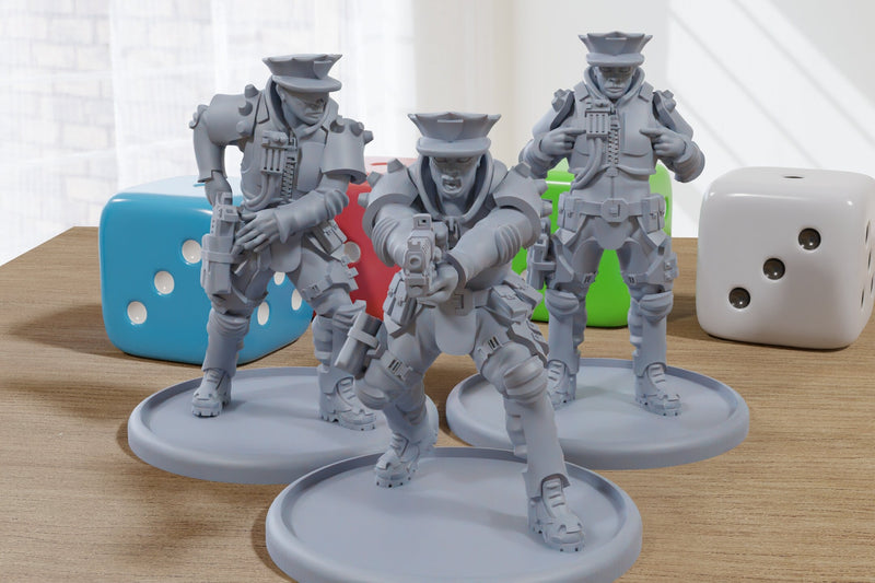 Cyber Police Officers - 3D Printed Proxy Minifigures for Sci-fi Miniature Tabletop Games like Stargrave and Five Parsecs from Home