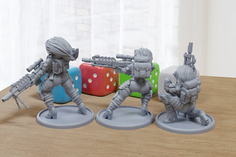 Sniper Babes - 3D Printed Proxy Minifigures for Sci-fi Miniature Tabletop Games like Stargrave and Five Parsecs from Home