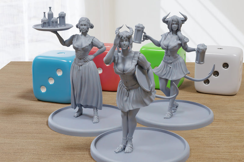 Tiefling Barmaids Sexy Pinup SFW/ NSFW 3D Printed Minifigures for Fantasy Miniature Tabletop Games DND, Frostgrave 28mm / 32mm / 75mm