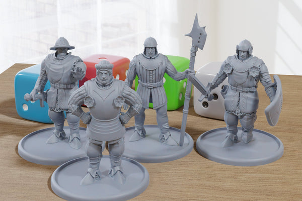 Four Guards - Medieval Townsfolk / Villagers - 3D Printed Minifigures for Tabletop Role Playing Miniature Games 28mm / 32mm Scale